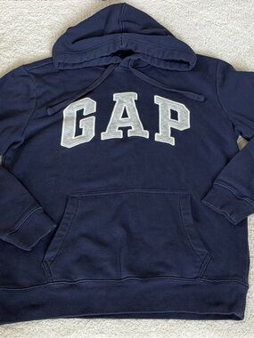 GAP Hoodie Logo Pullover Fleece Size XS Navy Blue Cotton Long Sleeve